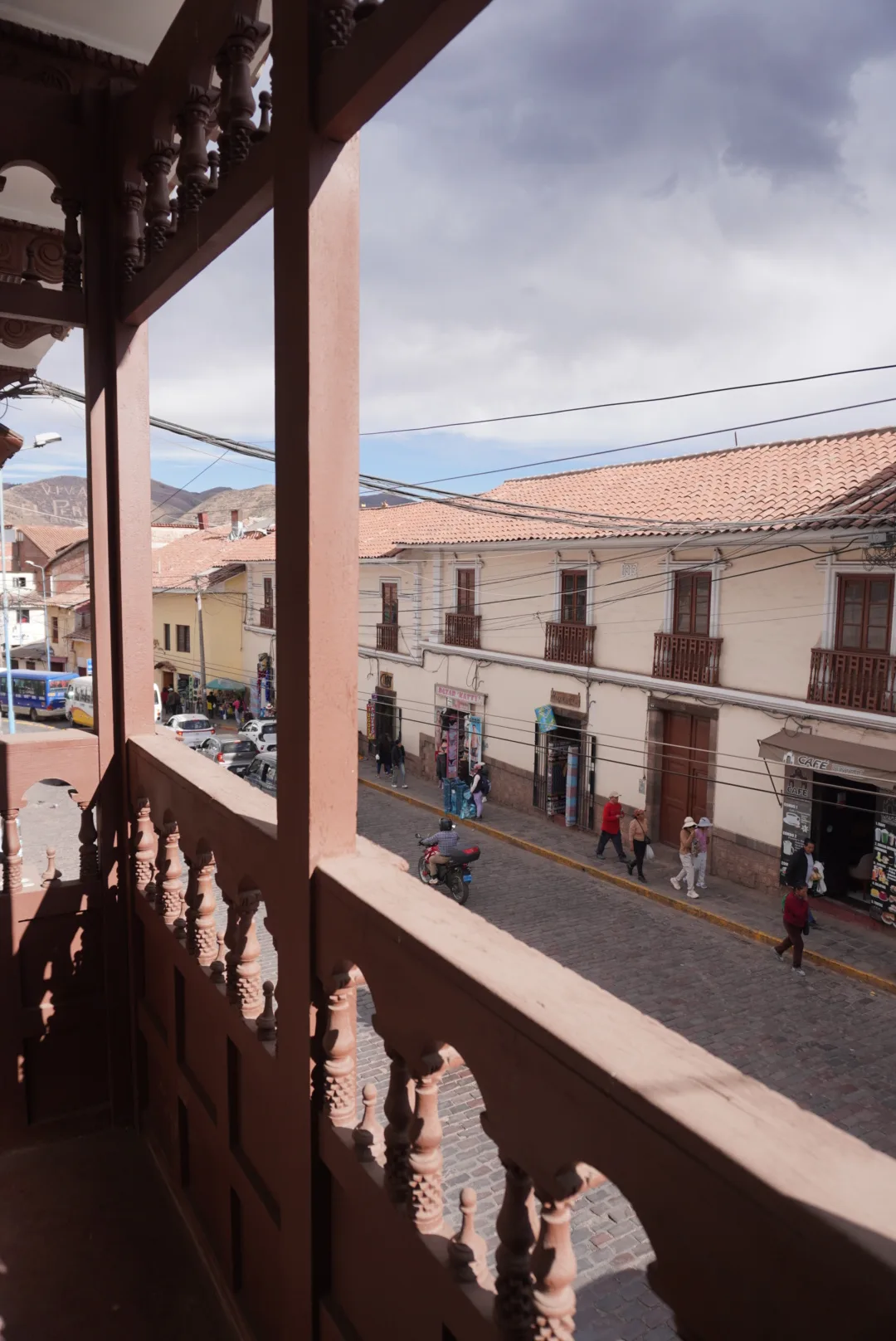 View from the balcony over a colonial Cusco street